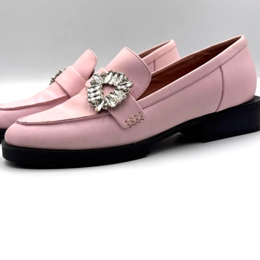 Gianni Bini Rowan Leather Rhinestone Loafers Womens 9 Baby Pink Coquette Glam